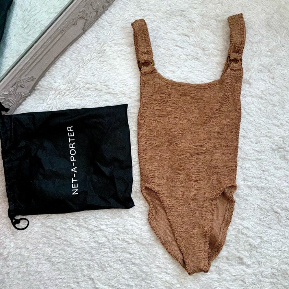 NEW Hunza G Metallic Cocoa Domino One Piece Swimsuit Brown Tan Swimwear Crinkle - Picture 2 of 10